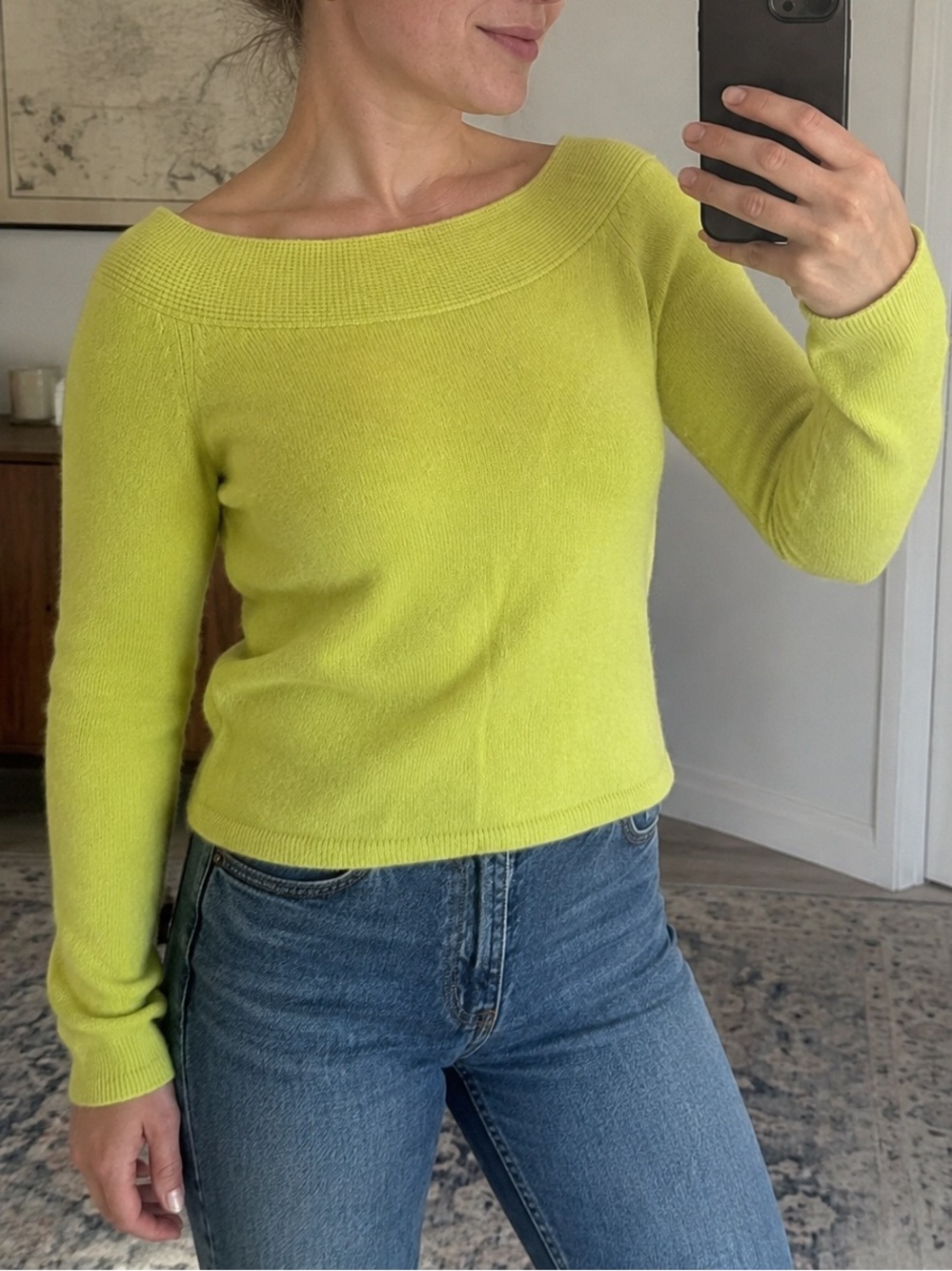 Rafaella Chartreuse Off the Shoulder Sweater Angora & Wool Cozy Womens Sz Med